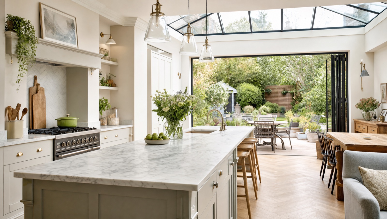 A marble worktop and island in a bright kitchen with glazed roof and garden doors