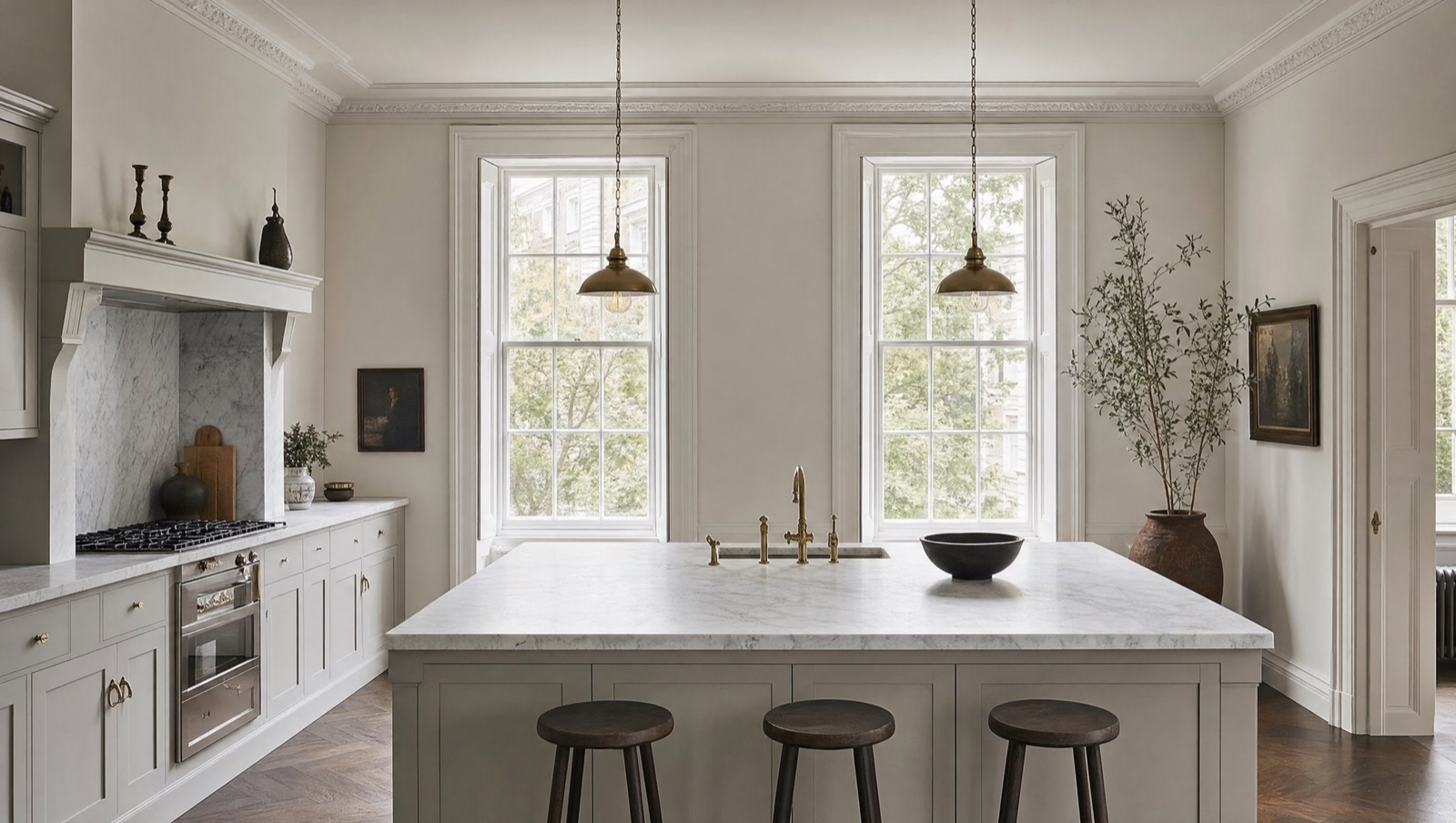 A marble kitchen island and worktop in a tall-windowed period-style kitchen