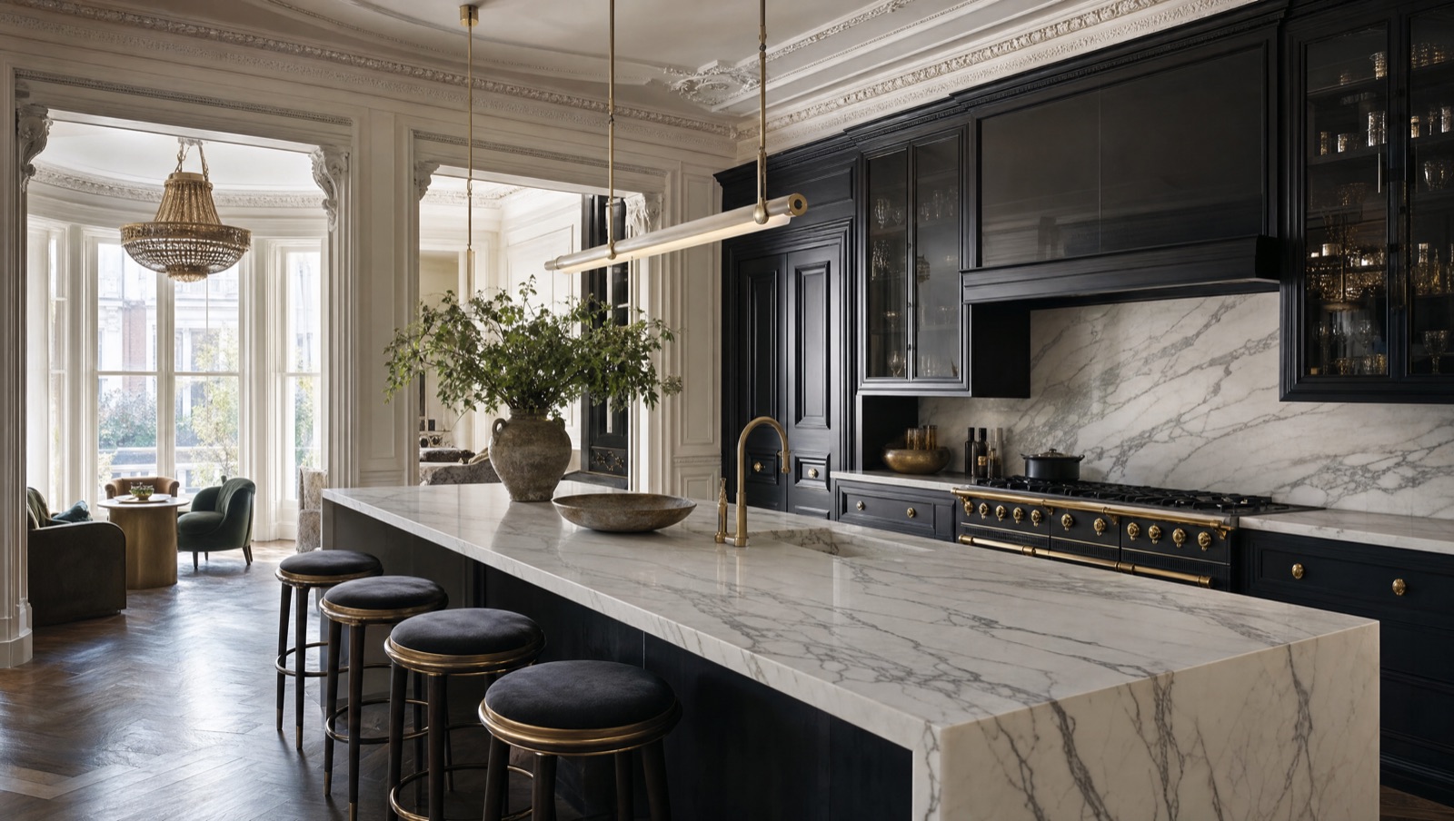 A polished marble kitchen island in a formal kitchen with dark cabinetry and brass fittings