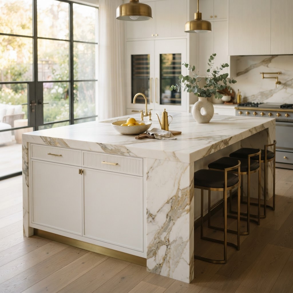 Calacatta Gold marble used as a kitchen island, mitered edge