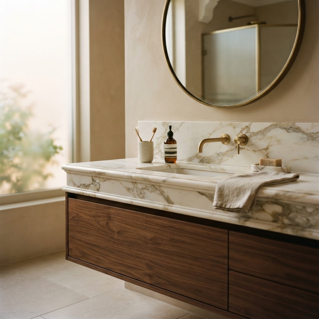 Calacatta Gold marble used as a bathroom vanity, bullnose edge