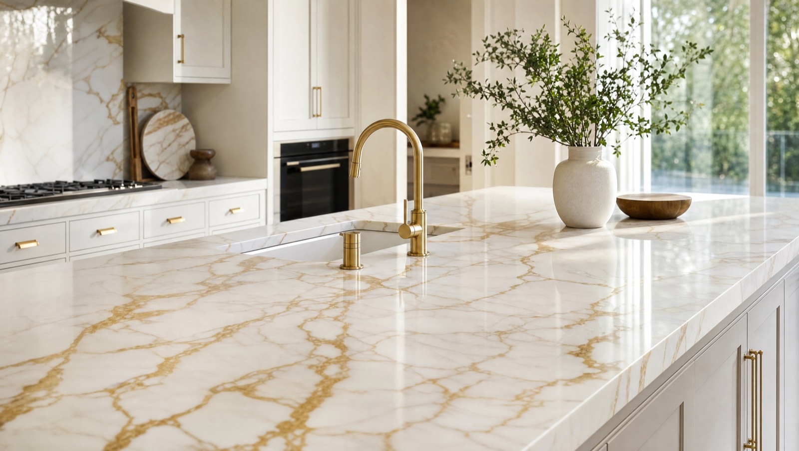 A bright kitchen island in polished Calacatta Gold marble with bold gold veining across a white field