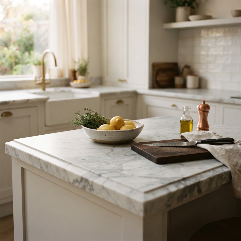 Carrara White marble used as a kitchen worktop, mitered edge