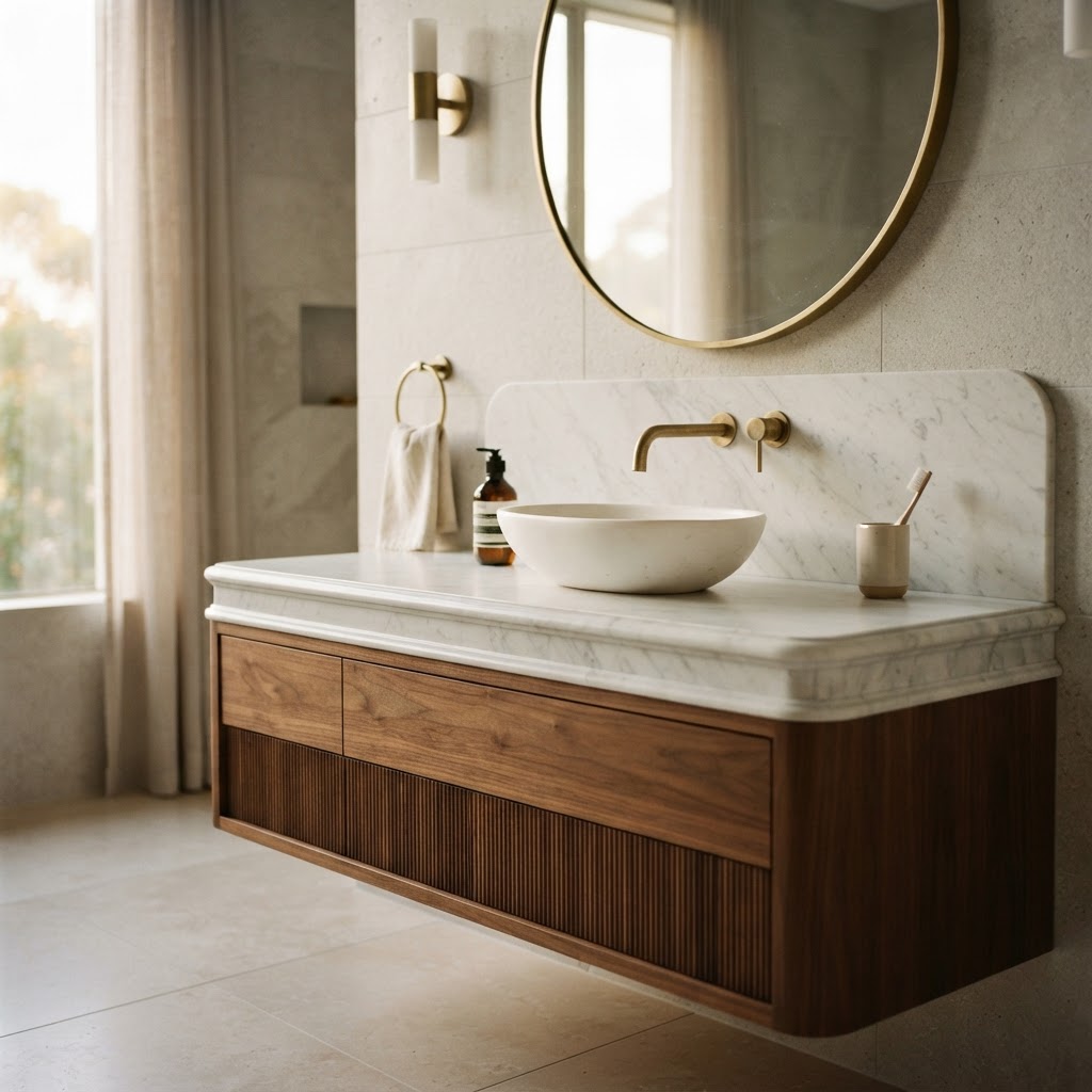Carrara White marble used as a bathroom vanity, bullnose edge
