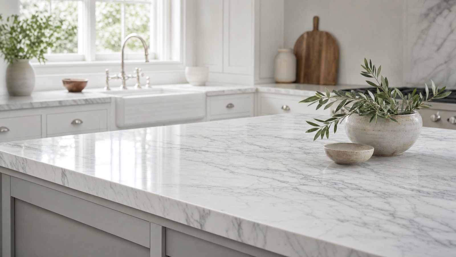 A classic kitchen with a Carrara White marble island showing soft white-grey linear veining
