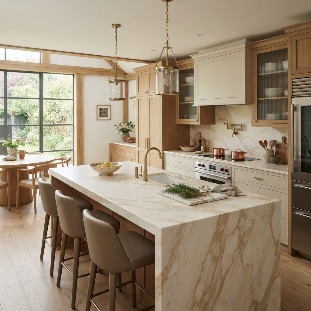 Crema Marfil marble used as a kitchen worktop, mitered edge