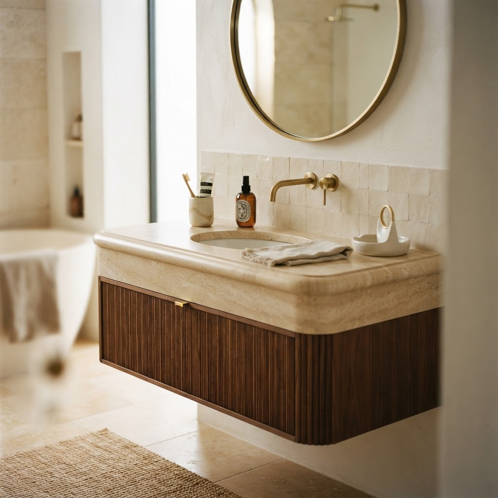 Crema Marfil marble used as a bathroom vanity, bullnose edge