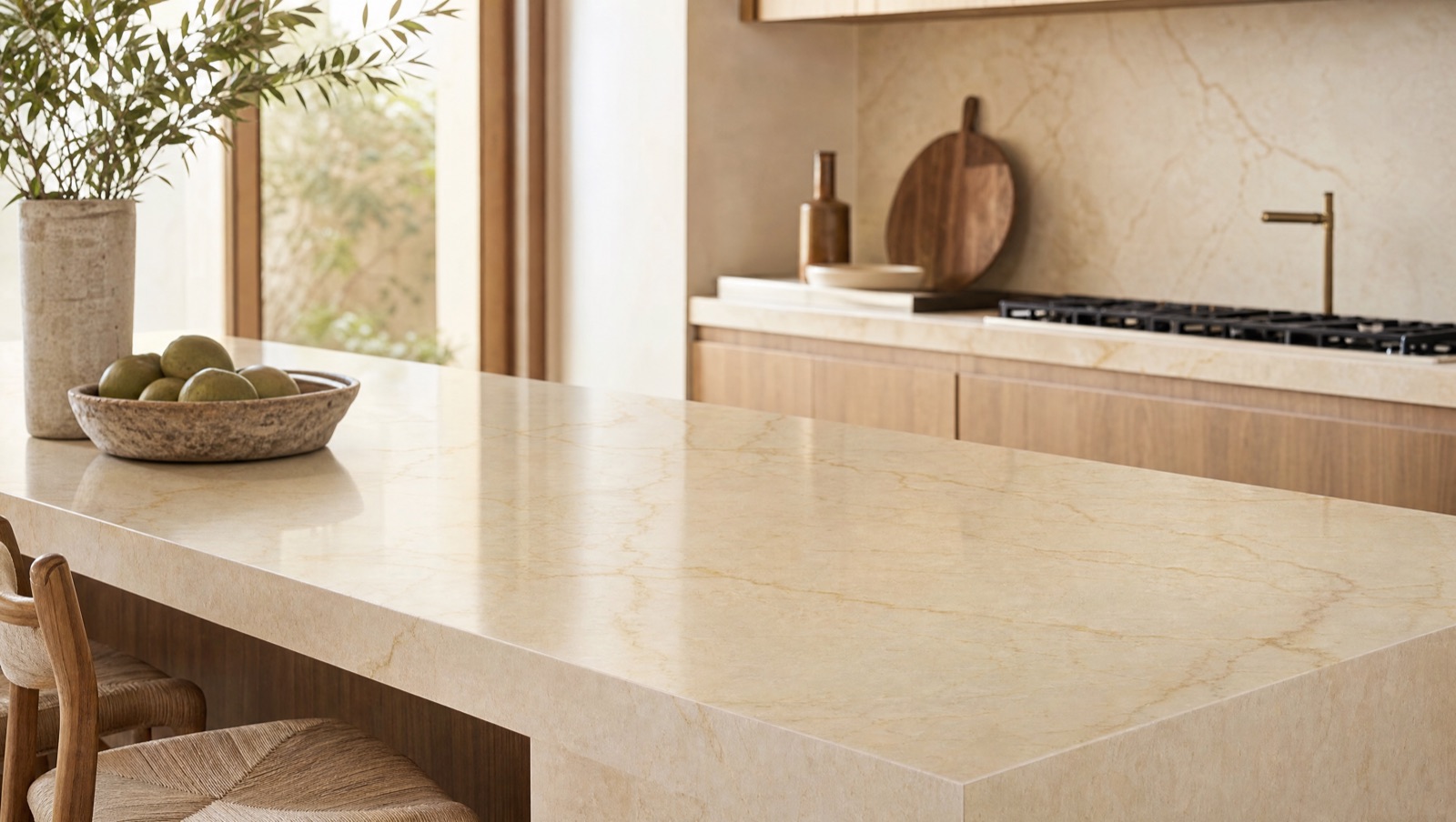 A warm kitchen with a Crema Marfil marble island in ivory and cream tones with golden-beige veining