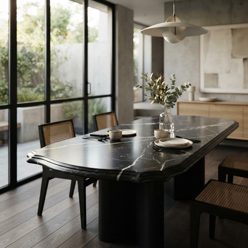 Nero Marquina marble used as a dining table, ogee edge