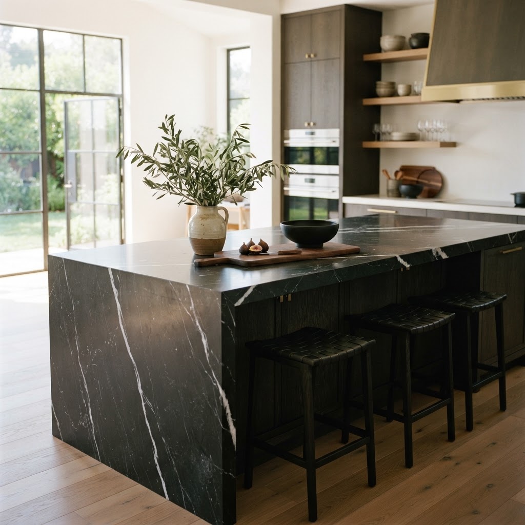 Nero Marquina marble used as a kitchen island, mitered edge