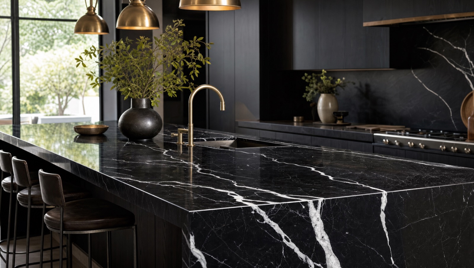 A dramatic kitchen island in polished Nero Marquina marble with white veins against deep black