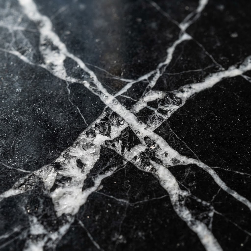 Close macro detail of Nero Marquina marble veining