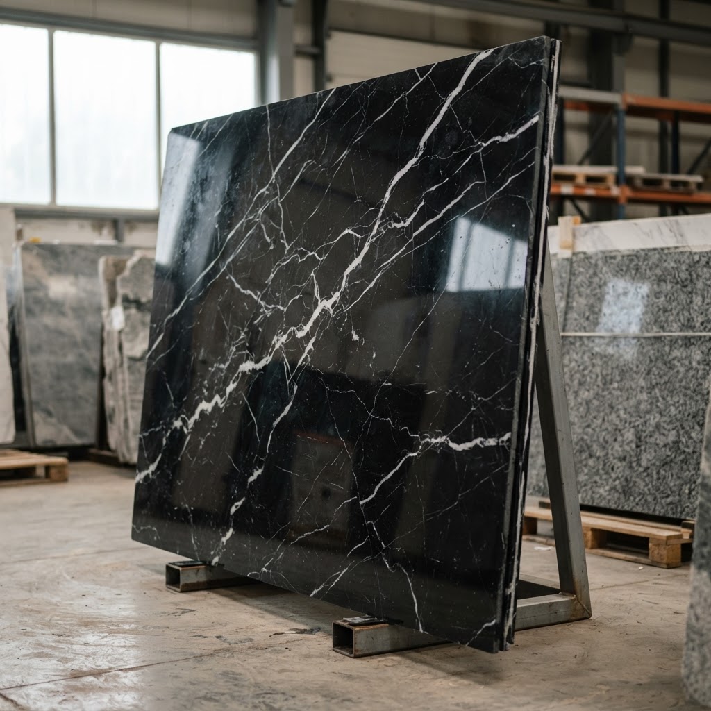 Nero Marquina marble slab, polished finish, from Markina, Spain