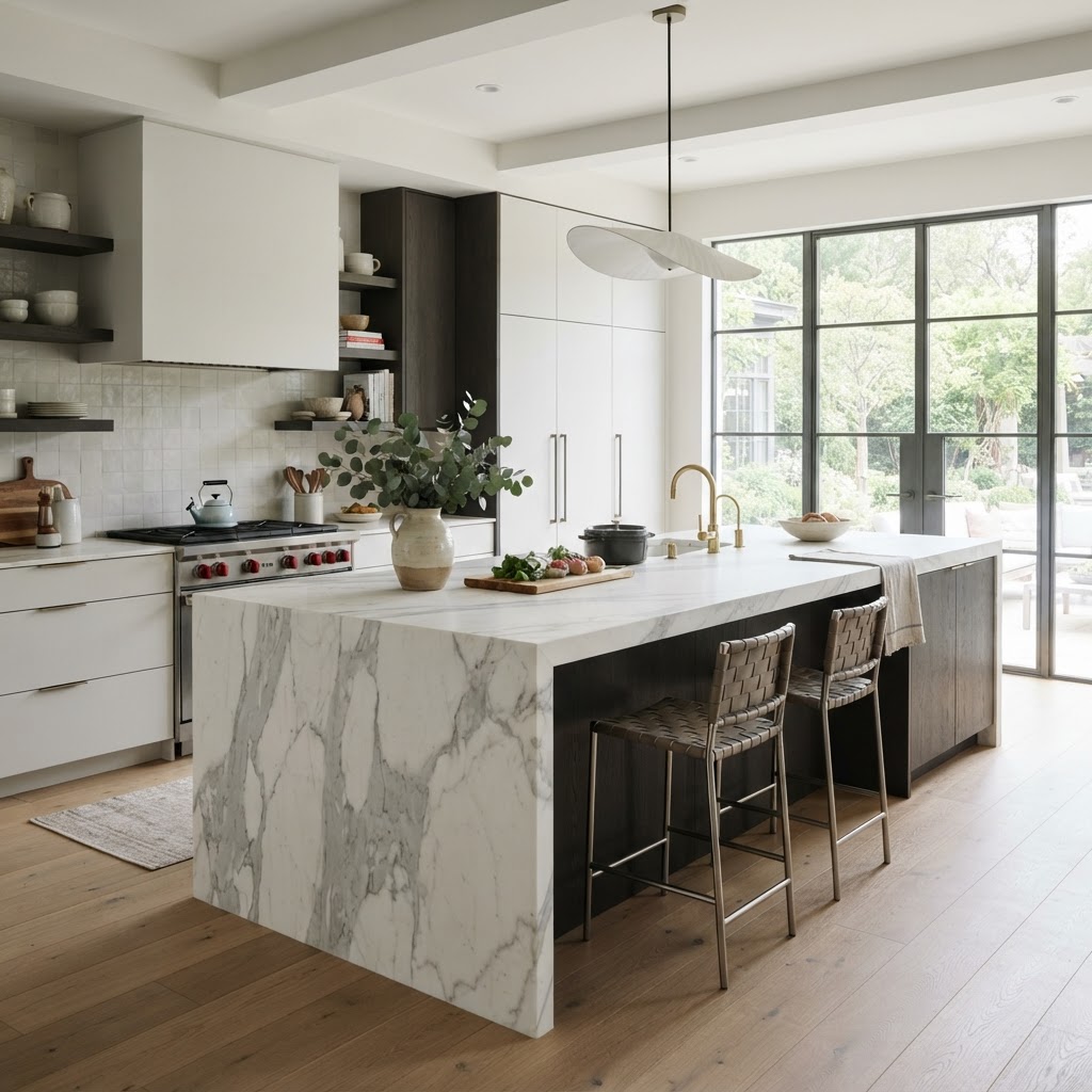 Statuario Bianco marble used as a kitchen island, mitered edge