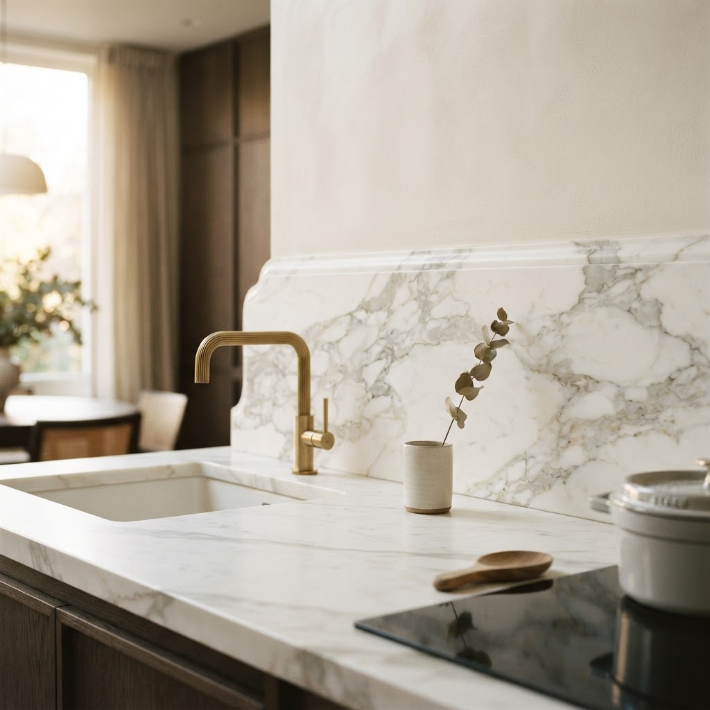 Statuario Bianco marble used as a splashback, ogee edge