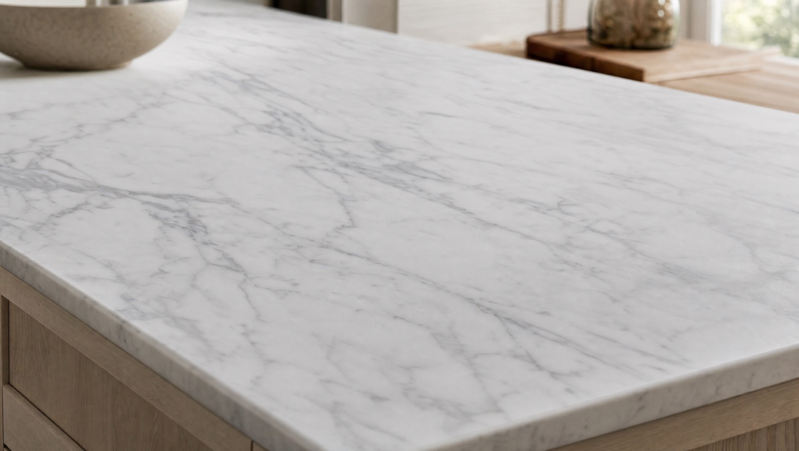 A close view of a honed Statuario Bianco marble worktop with delicate feathered grey veining