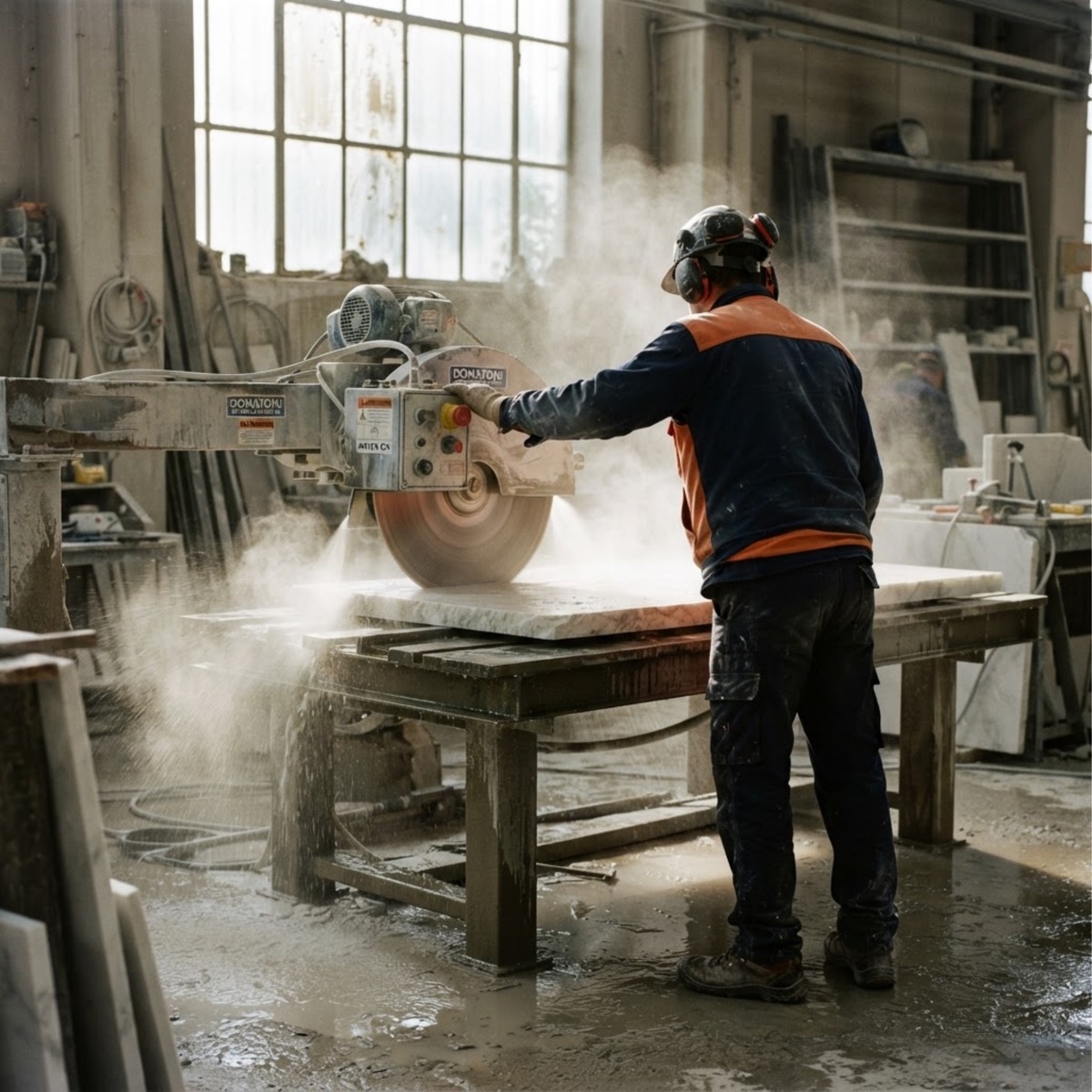 A diamond saw cutting through a marble slab with water spray
