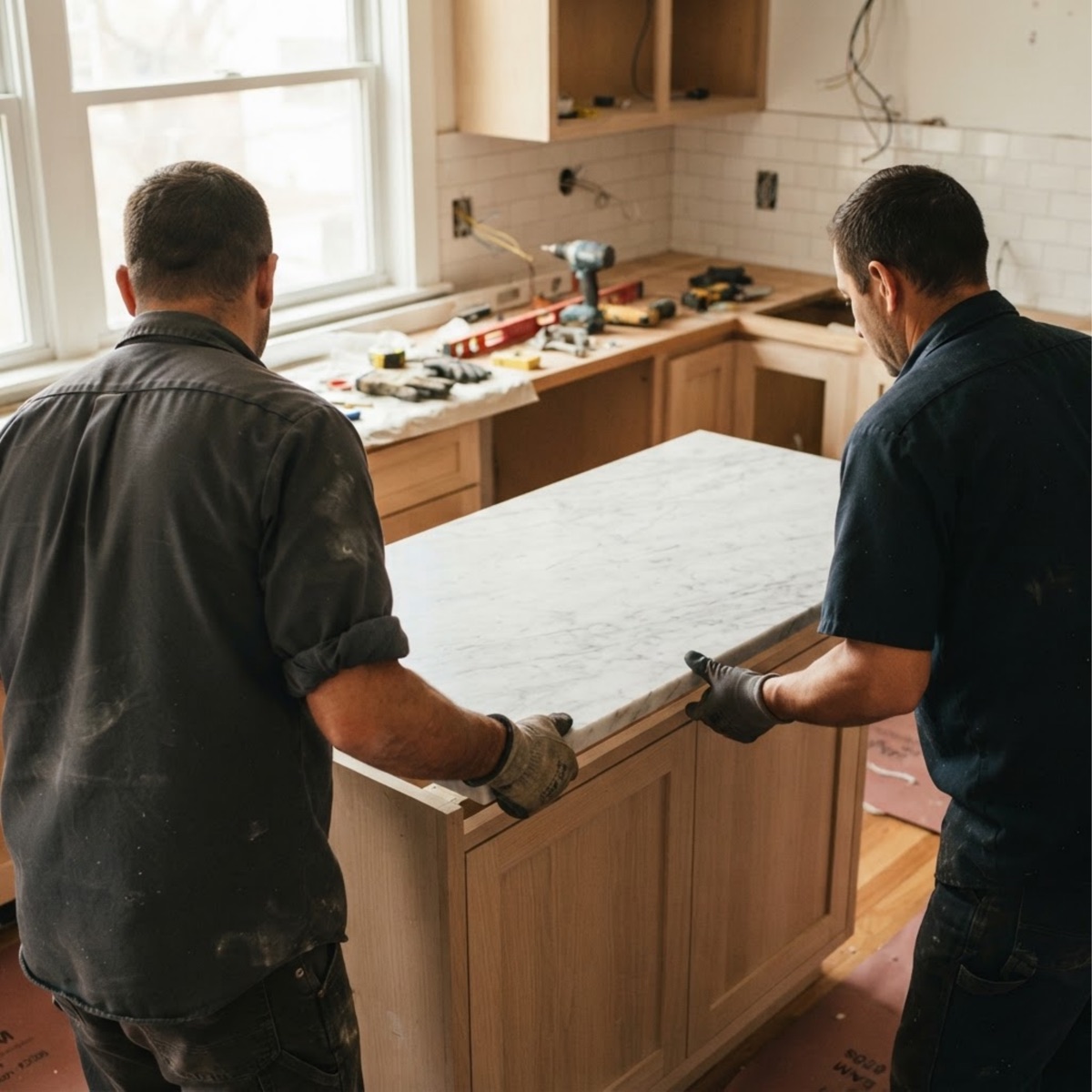 Two installers lowering a finished marble countertop into place on kitchen cabinetry