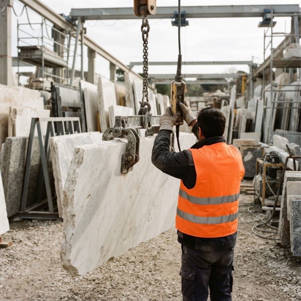 A slab of marble being lifted by an overhead crane in a stone yard