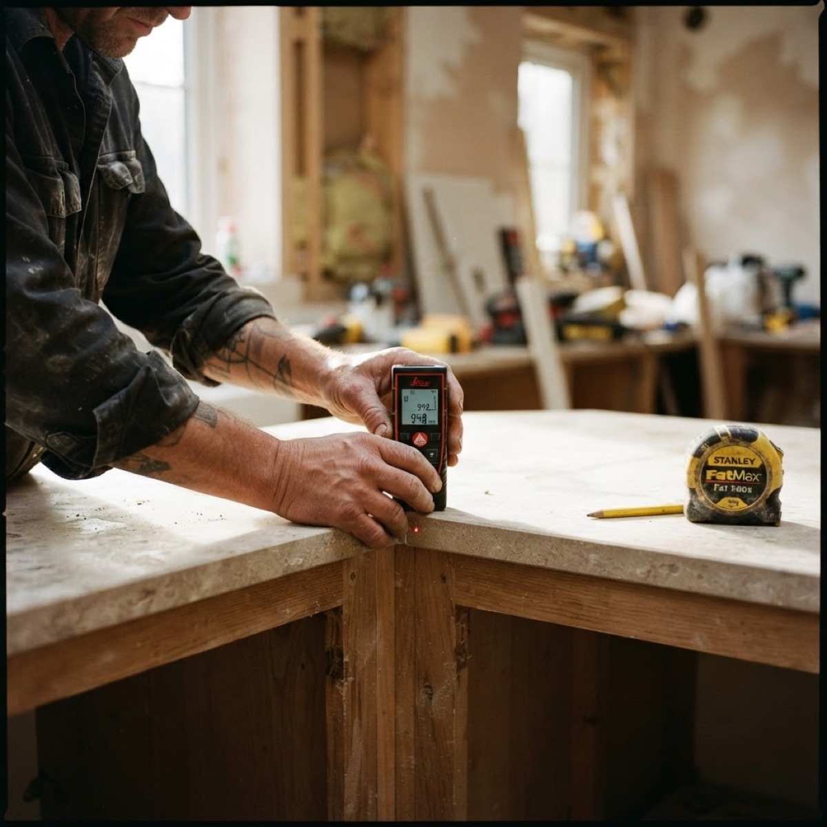 A laser measuring tool used to capture precise dimensions on a countertop edge