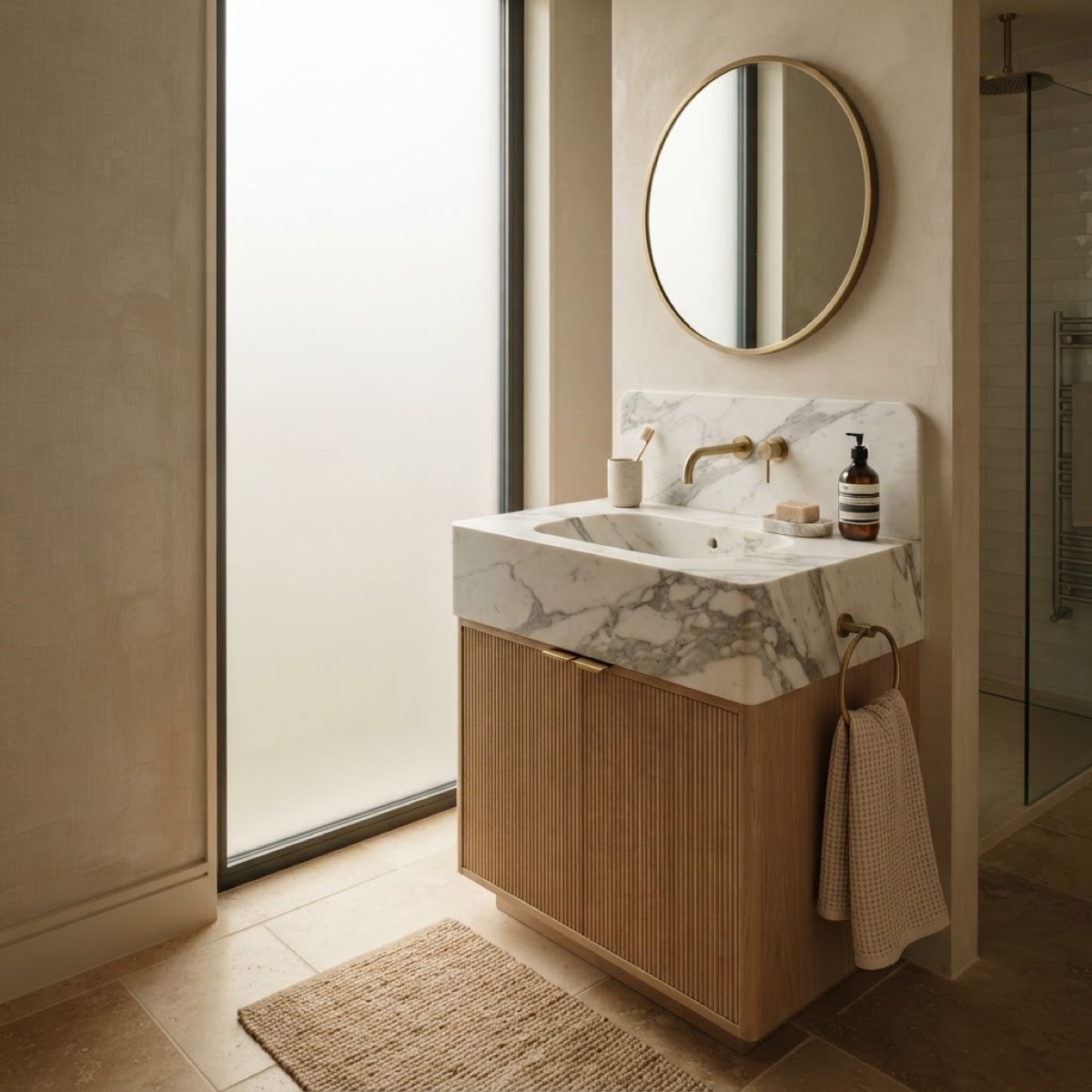 A marble bathroom vanity top with an integrated basin