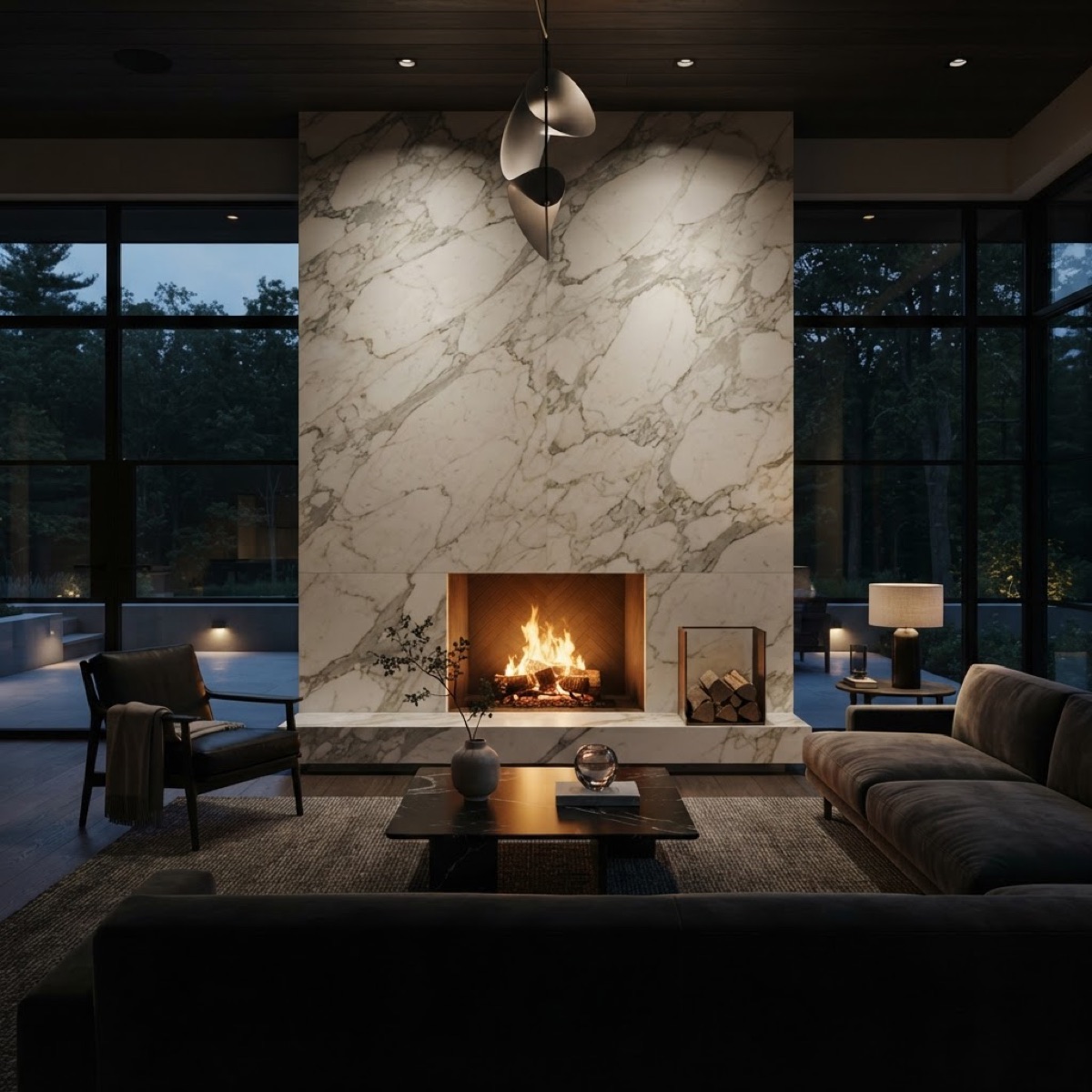 A marble fireplace surround in a living room
