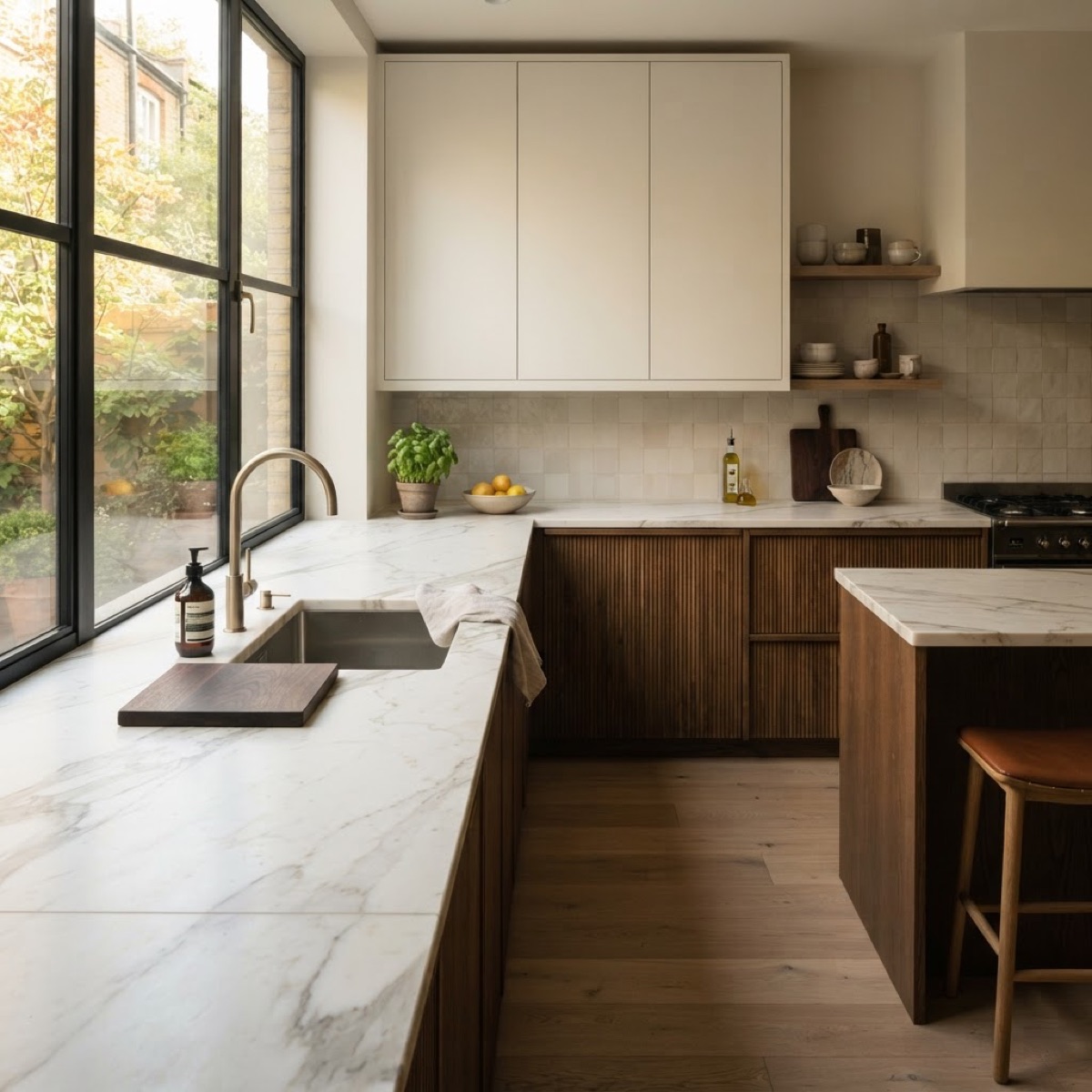 A fitted marble kitchen worktop with a modern sink