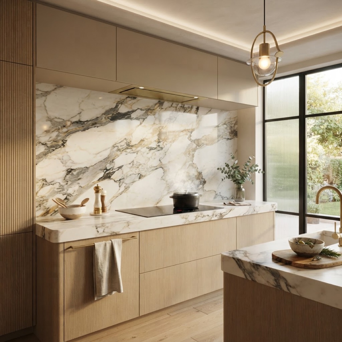 A marble splashback with bold veining behind a kitchen hob