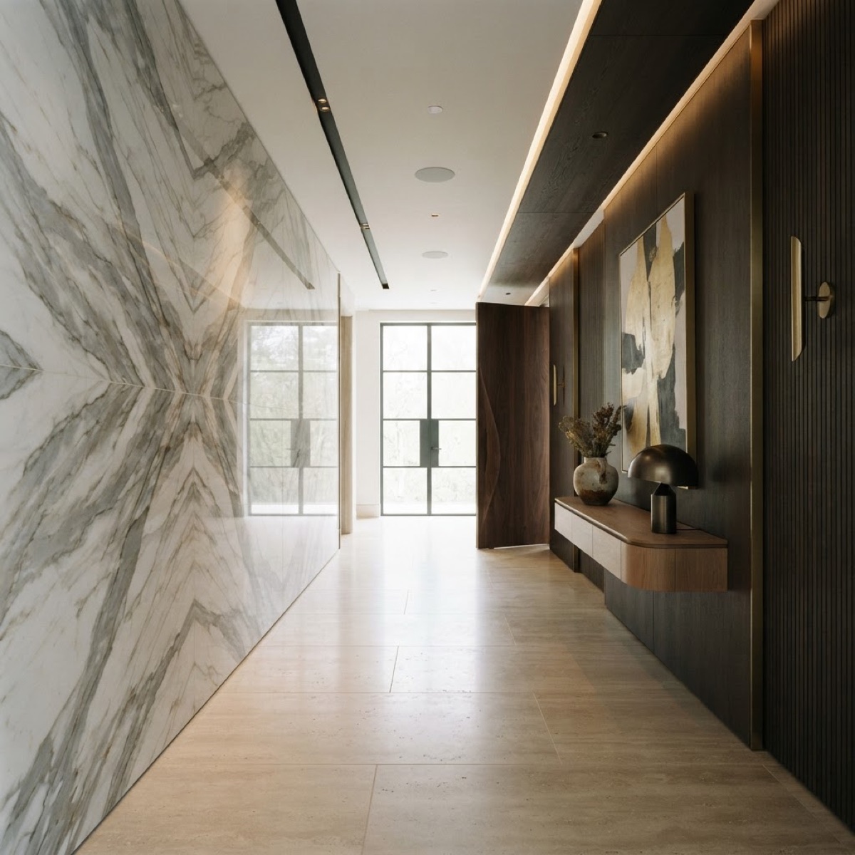 A hallway wall clad floor to ceiling in polished marble panels