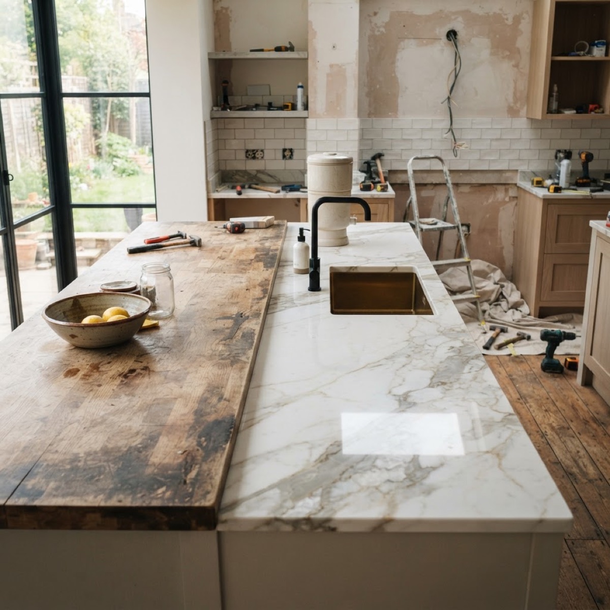 An old worktop beside a newly fitted marble replacement